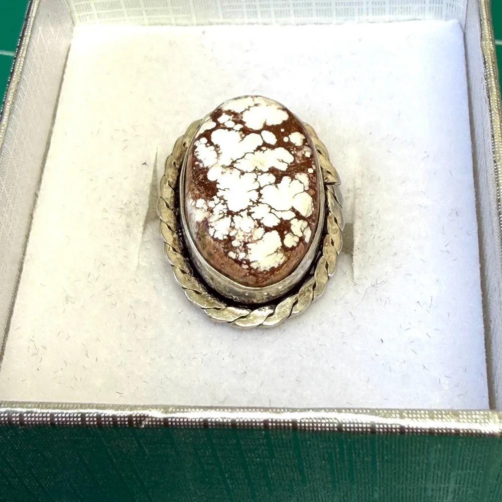 Handmade Ring Magnesite brown white oval Silver Plated Adjustable Size‎ 4.5–7